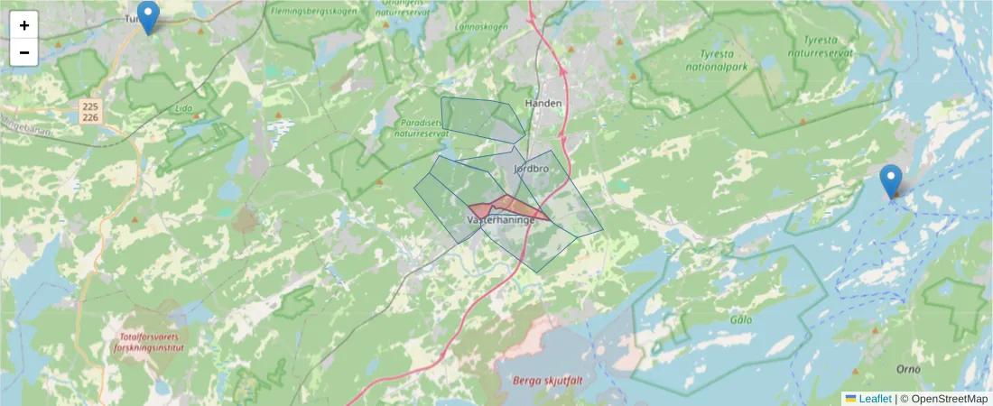 Karta över postnummerområdet  och angränsande postnummer i Sverige