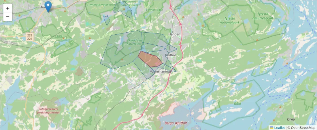 Karta över postnummerområdet  och angränsande postnummer i Sverige