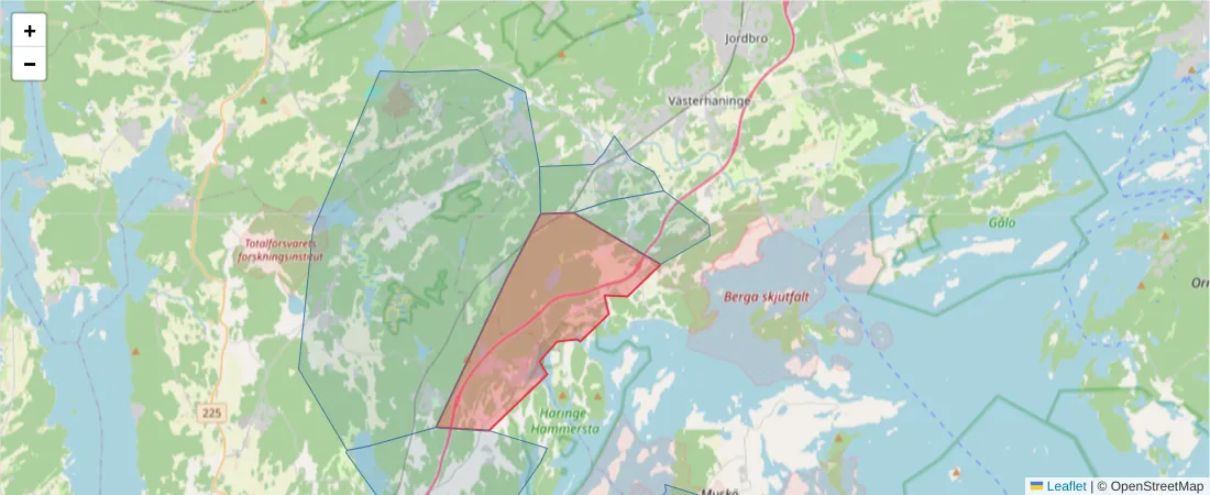 Karta över postnummerområdet  och angränsande postnummer i Sverige