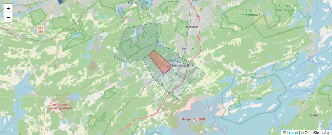 Karta över postnummerområdet  och angränsande postnummer i Sverige