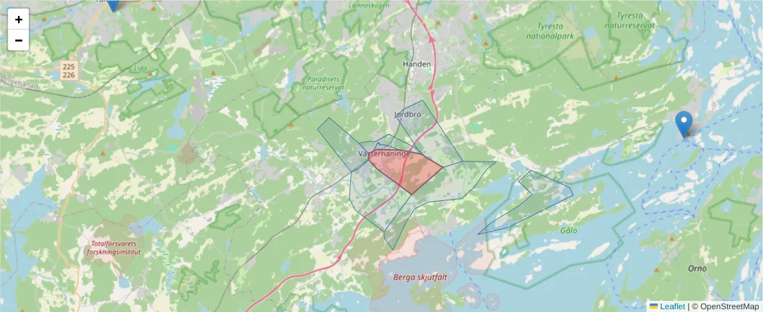 Karta över postnummerområdet  och angränsande postnummer i Sverige