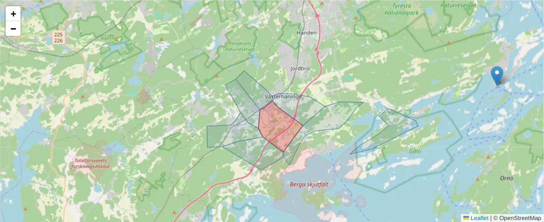 Karta över postnummerområdet  och angränsande postnummer i Sverige