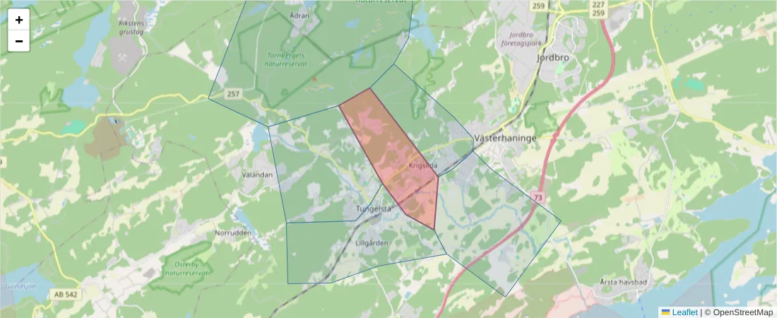 Karta över postnummerområdet  och angränsande postnummer i Sverige