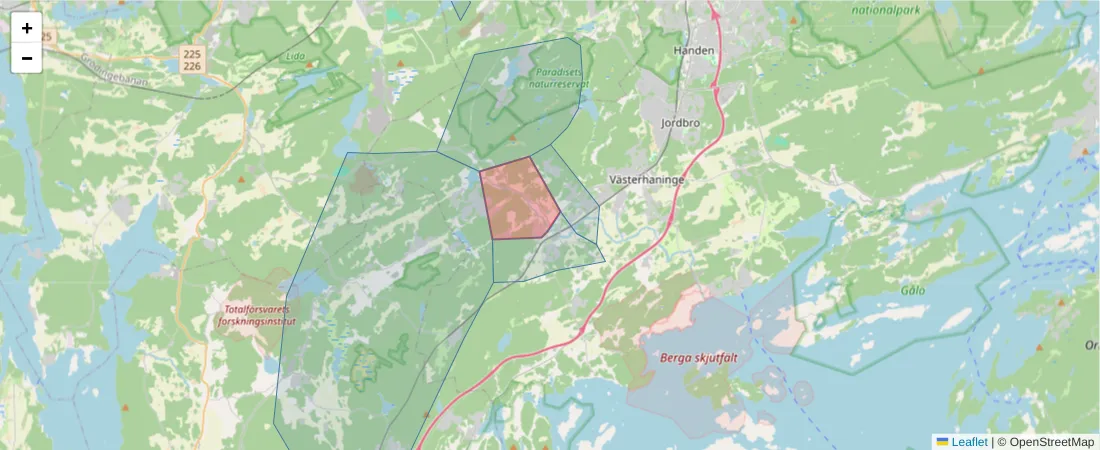 Karta över postnummerområdet  och angränsande postnummer i Sverige