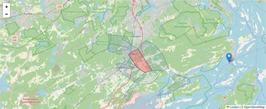 Karta över postnummerområdet  och angränsande postnummer i Sverige