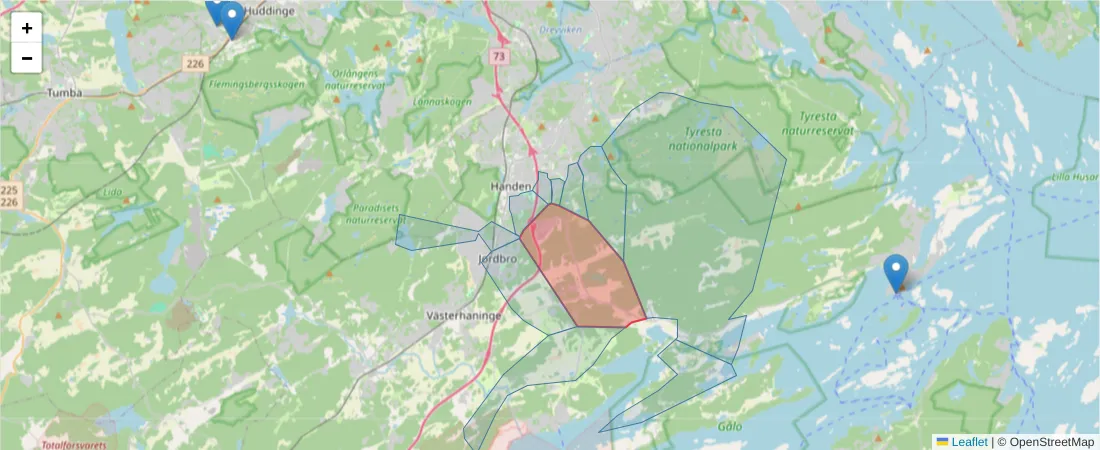 Karta över postnummerområdet  och angränsande postnummer i Sverige