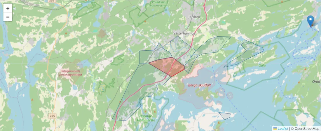 Karta över postnummerområdet  och angränsande postnummer i Sverige