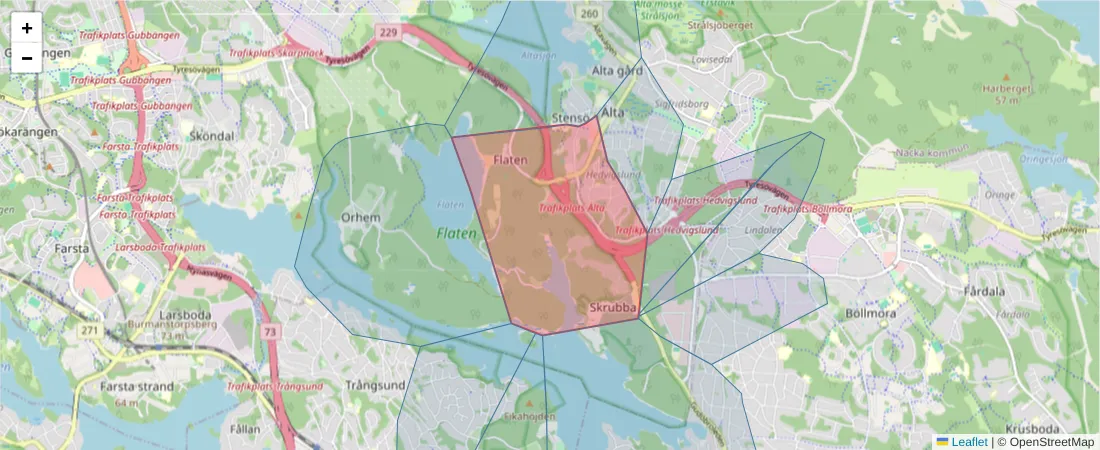 Karta över postnummerområdet  och angränsande postnummer i Sverige