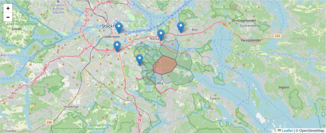 Karta över postnummerområdet  och angränsande postnummer i Sverige