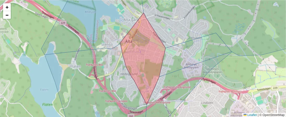 Karta över postnummerområdet  och angränsande postnummer i Sverige