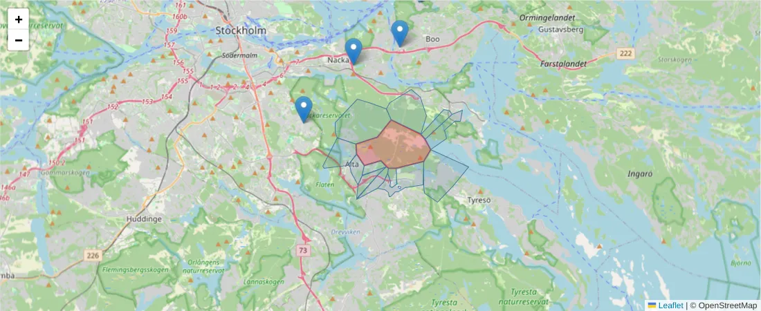 Karta över postnummerområdet  och angränsande postnummer i Sverige
