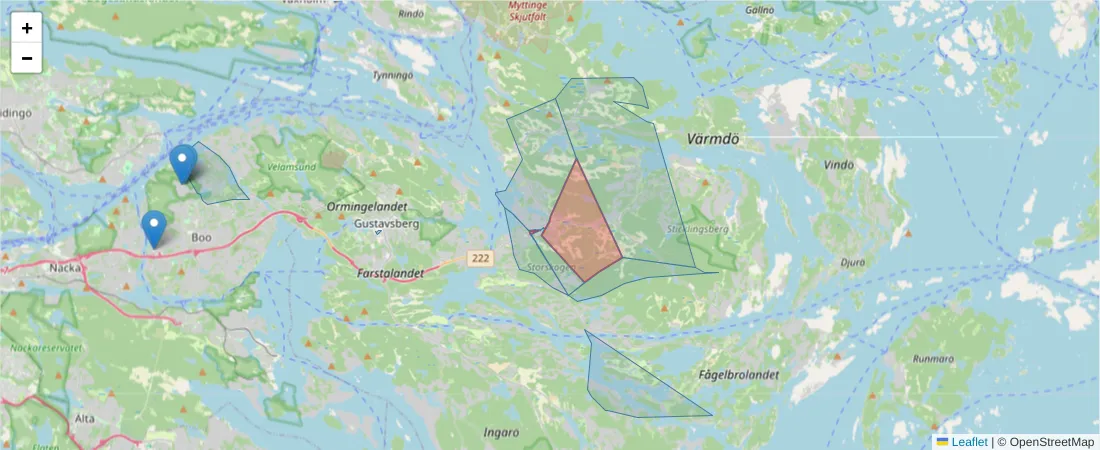 Karta över postnummerområdet  och angränsande postnummer i Sverige