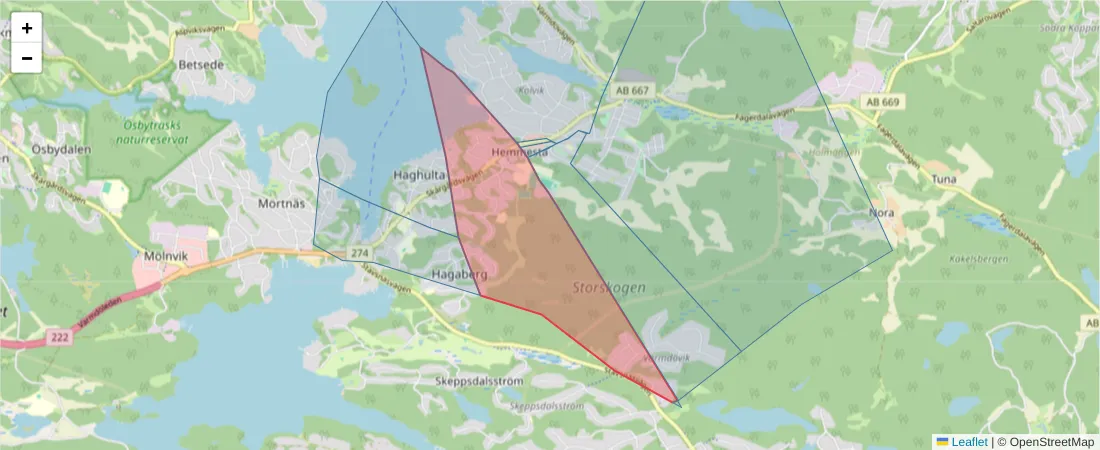Karta över postnummerområdet  och angränsande postnummer i Sverige