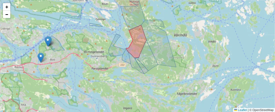 Karta över postnummerområdet  och angränsande postnummer i Sverige