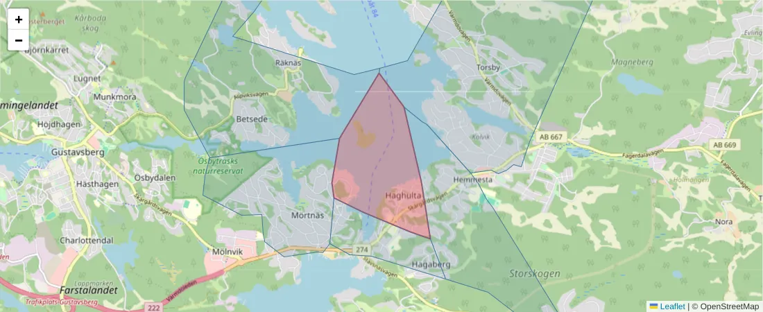 Karta över postnummerområdet  och angränsande postnummer i Sverige
