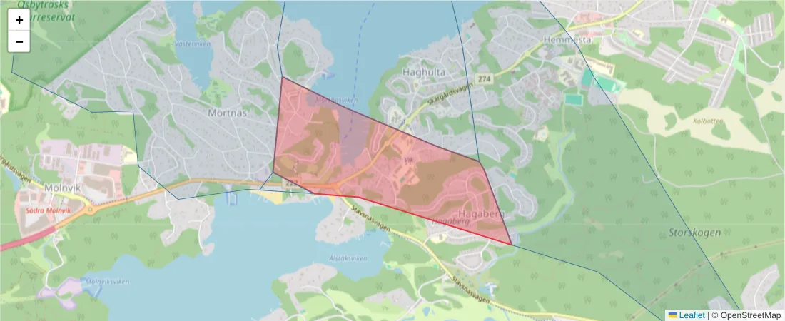 Karta över postnummerområdet  och angränsande postnummer i Sverige