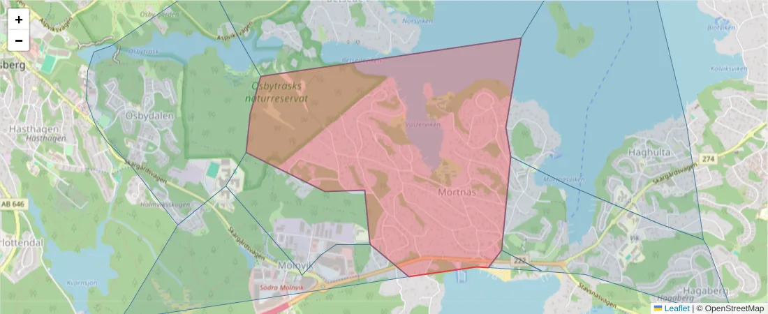 Karta över postnummerområdet  och angränsande postnummer i Sverige