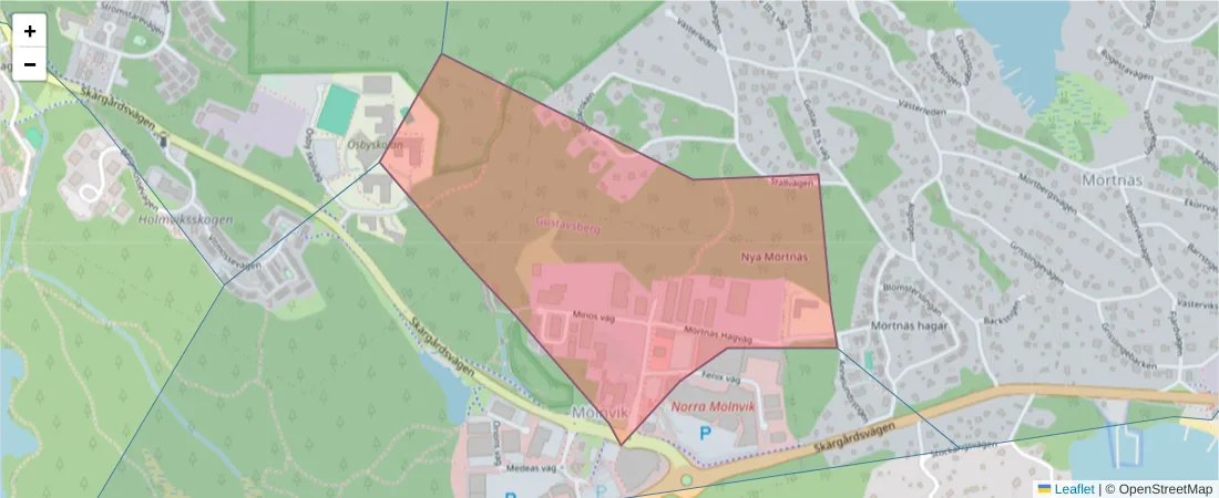 Karta över postnummerområdet  och angränsande postnummer i Sverige