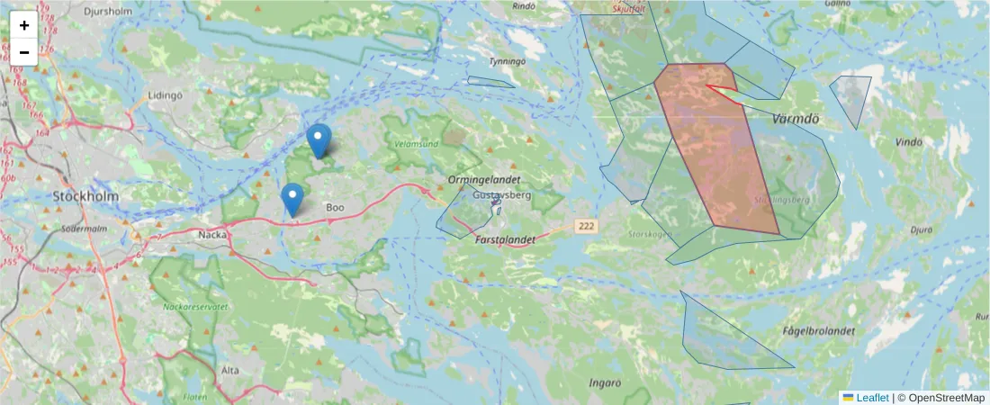 Karta över postnummerområdet  och angränsande postnummer i Sverige