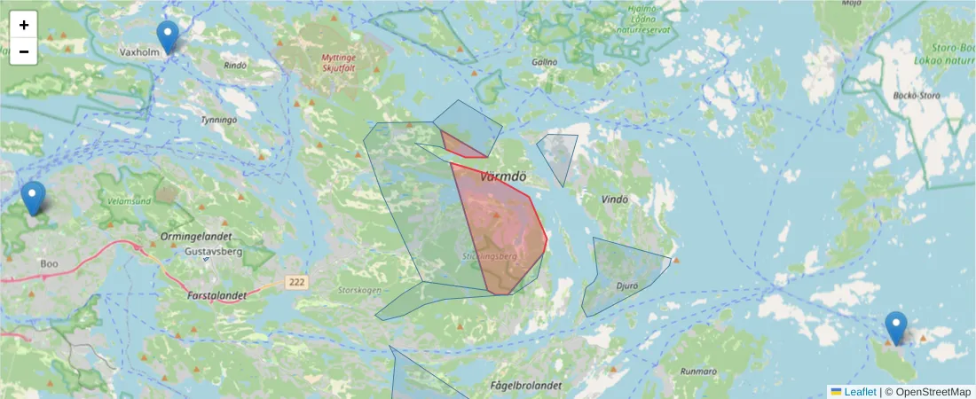 Karta över postnummerområdet  och angränsande postnummer i Sverige