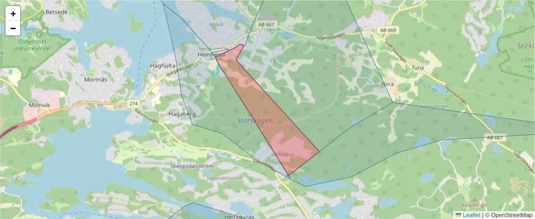 Karta över postnummerområdet  och angränsande postnummer i Sverige