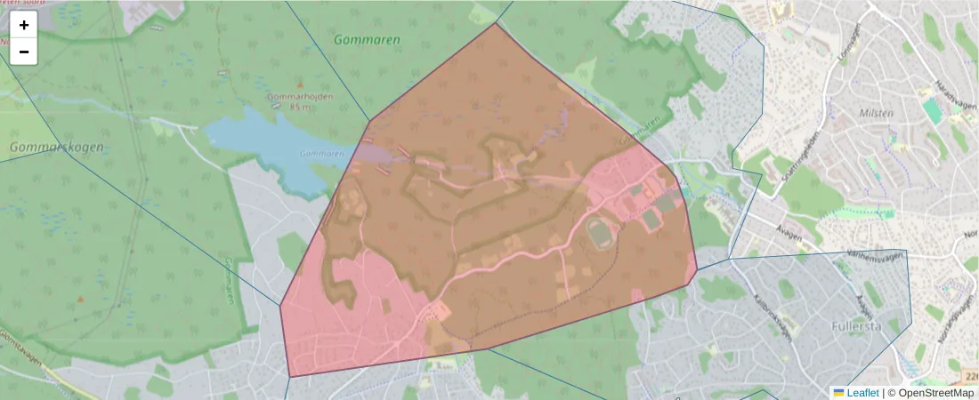 Karta över postnummerområdet  och angränsande postnummer i Sverige