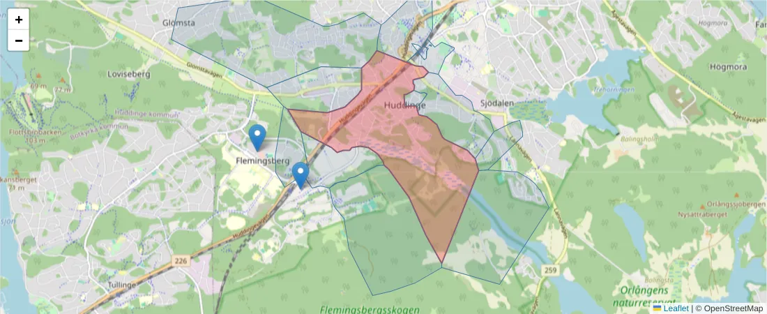 Karta över postnummerområdet  och angränsande postnummer i Sverige