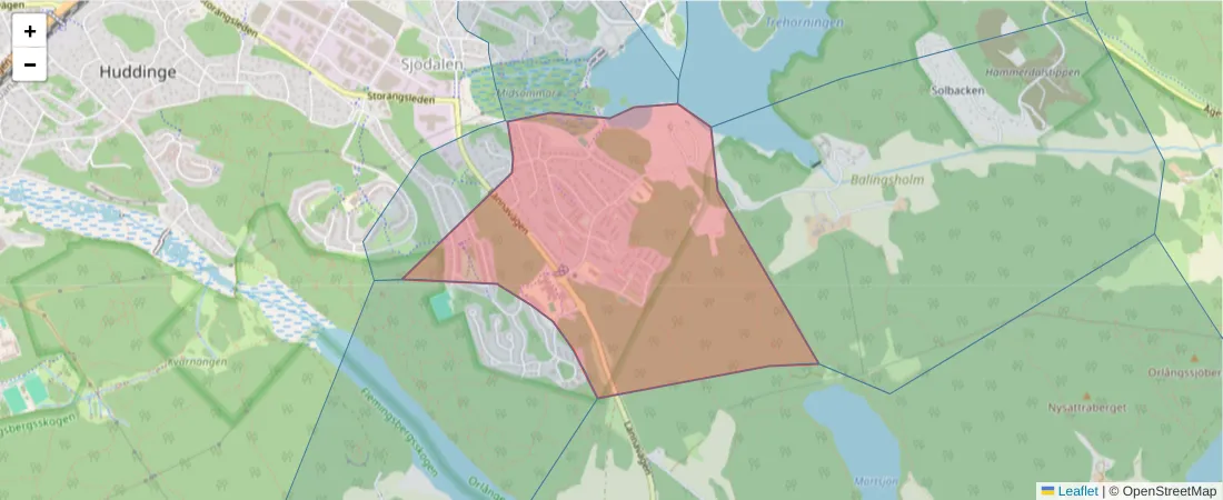 Karta över postnummerområdet  och angränsande postnummer i Sverige