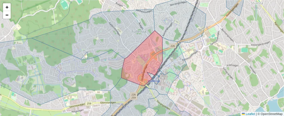 Karta över postnummerområdet  och angränsande postnummer i Sverige