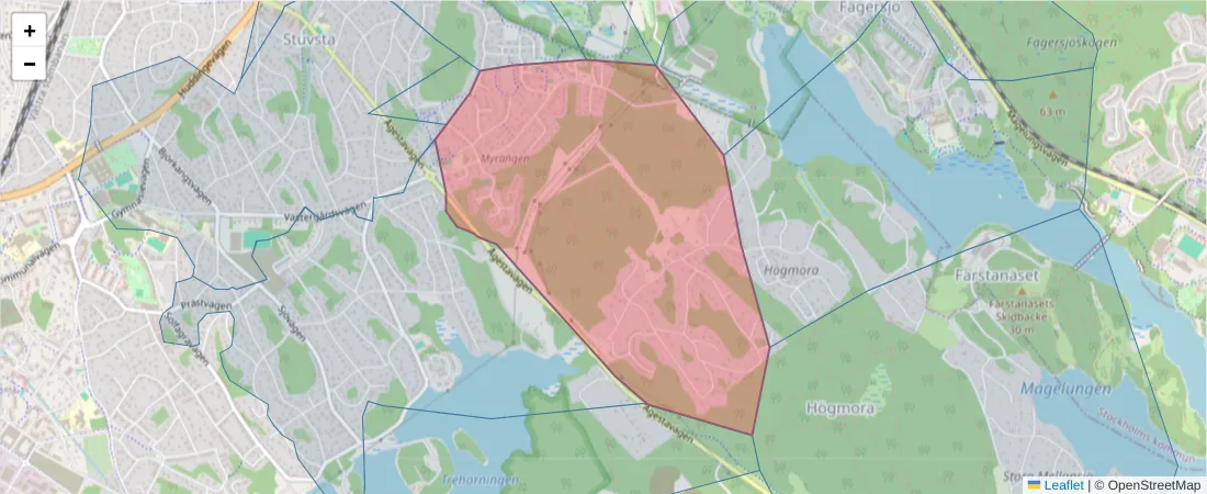 Karta över postnummerområdet  och angränsande postnummer i Sverige