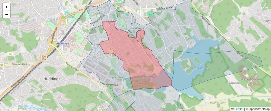 Karta över postnummerområdet  och angränsande postnummer i Sverige