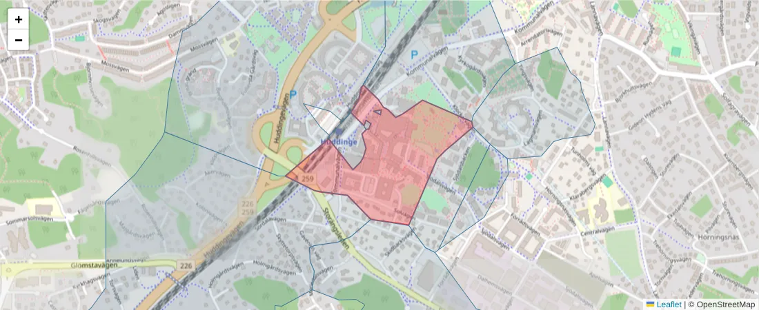 Karta över postnummerområdet  och angränsande postnummer i Sverige