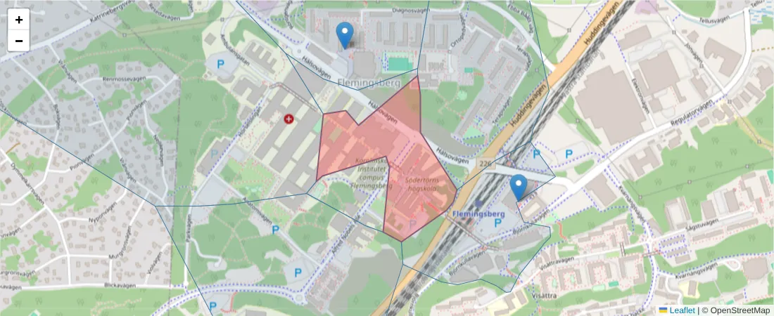 Karta över postnummerområdet  och angränsande postnummer i Sverige
