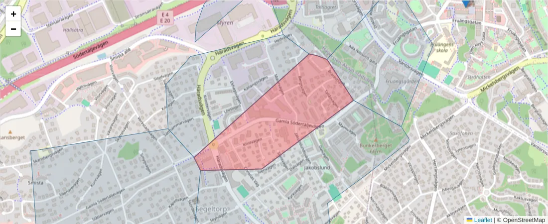 Karta över postnummerområdet  och angränsande postnummer i Sverige