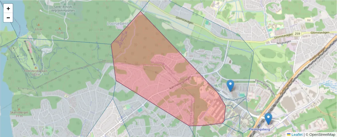 Karta över postnummerområdet  och angränsande postnummer i Sverige