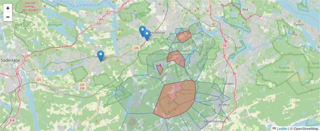 Karta över postnummerområdet  och angränsande postnummer i Sverige