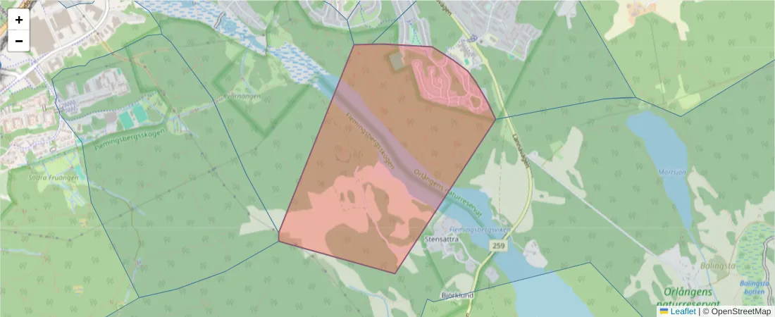 Karta över postnummerområdet  och angränsande postnummer i Sverige