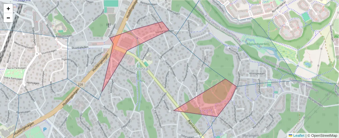 Karta över postnummerområdet  och angränsande postnummer i Sverige