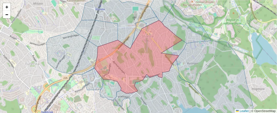 Karta över postnummerområdet  och angränsande postnummer i Sverige