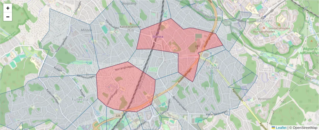 Karta över postnummerområdet  och angränsande postnummer i Sverige