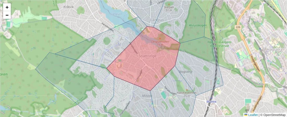 Karta över postnummerområdet  och angränsande postnummer i Sverige