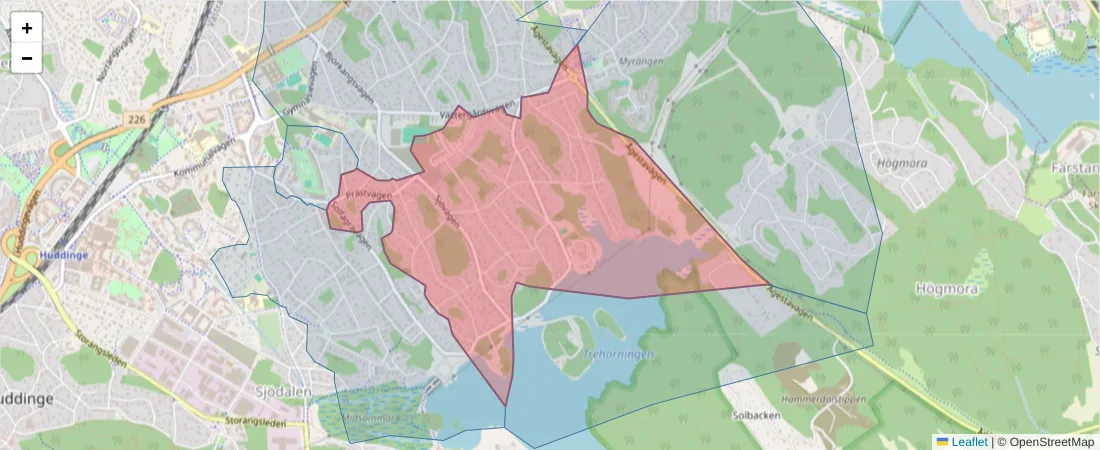 Karta över postnummerområdet  och angränsande postnummer i Sverige