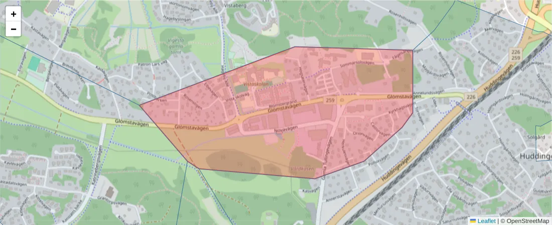 Karta över postnummerområdet  och angränsande postnummer i Sverige