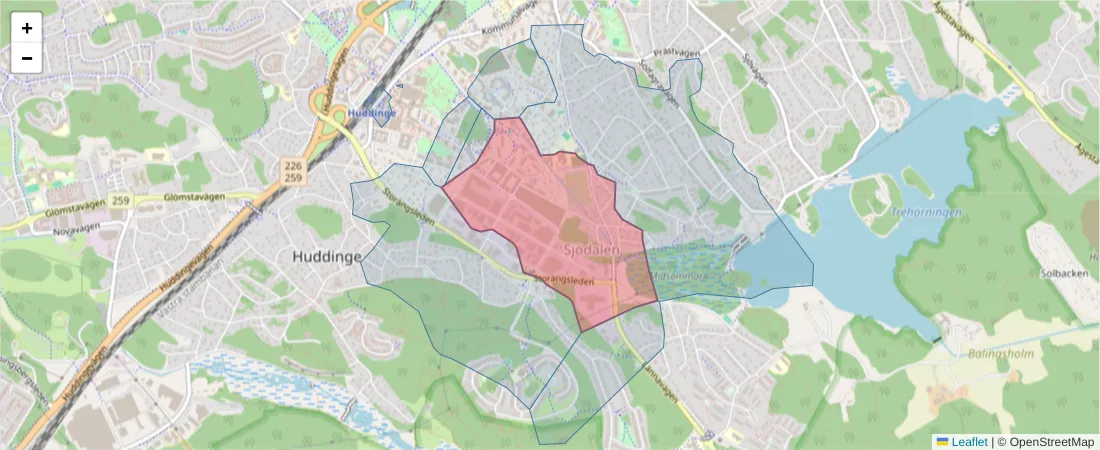 Karta över postnummerområdet  och angränsande postnummer i Sverige