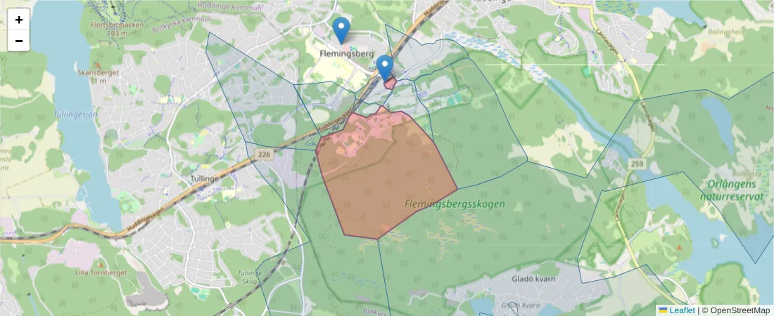 Karta över postnummerområdet  och angränsande postnummer i Sverige