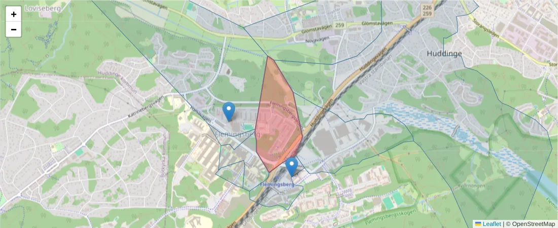 Karta över postnummerområdet  och angränsande postnummer i Sverige