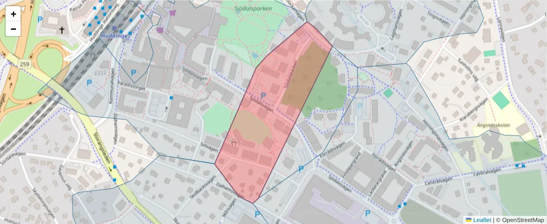 Karta över postnummerområdet  och angränsande postnummer i Sverige