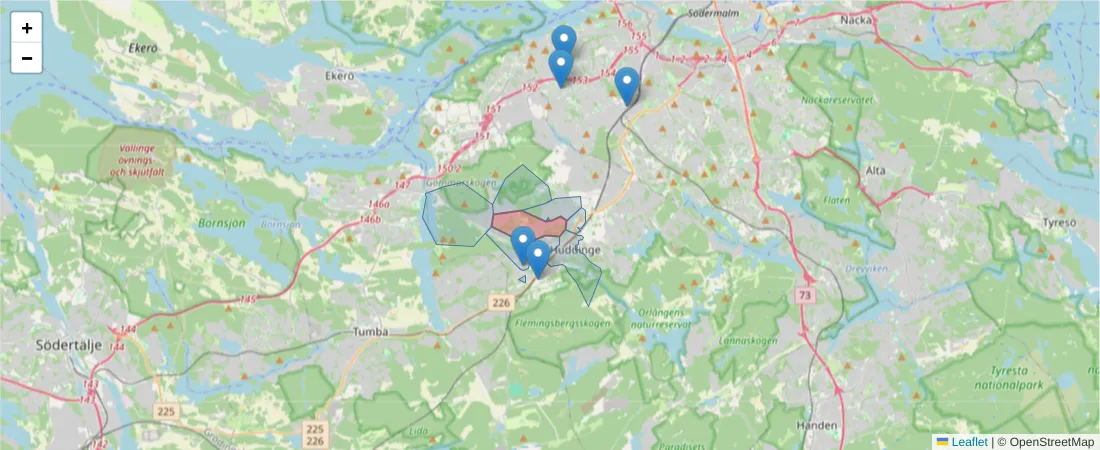 Karta över postnummerområdet  och angränsande postnummer i Sverige