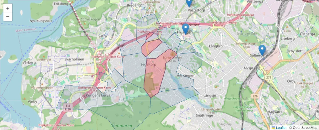 Karta över postnummerområdet  och angränsande postnummer i Sverige