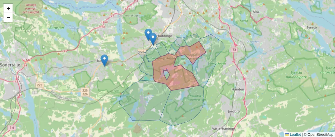 Karta över postnummerområdet  och angränsande postnummer i Sverige